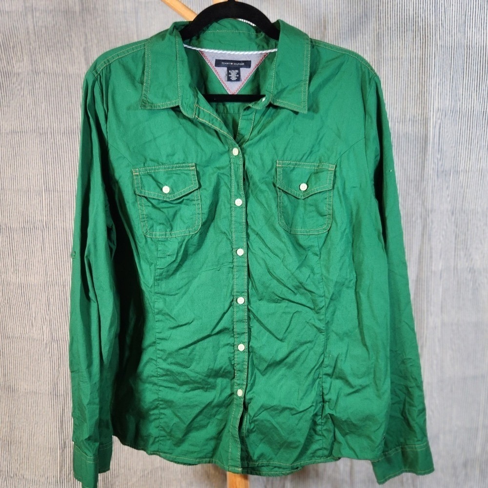 Tommy Hilfiger $80 XL Green Long Sleeve Button Up‎ Collared Pockets 100% Cotton